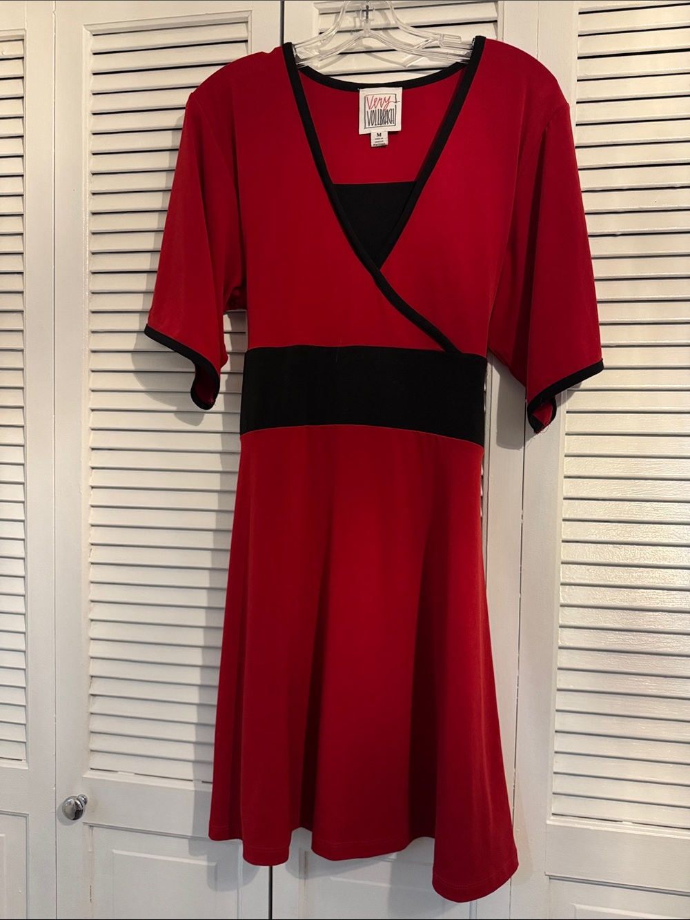 Red Dress with Black Waistband and Trim